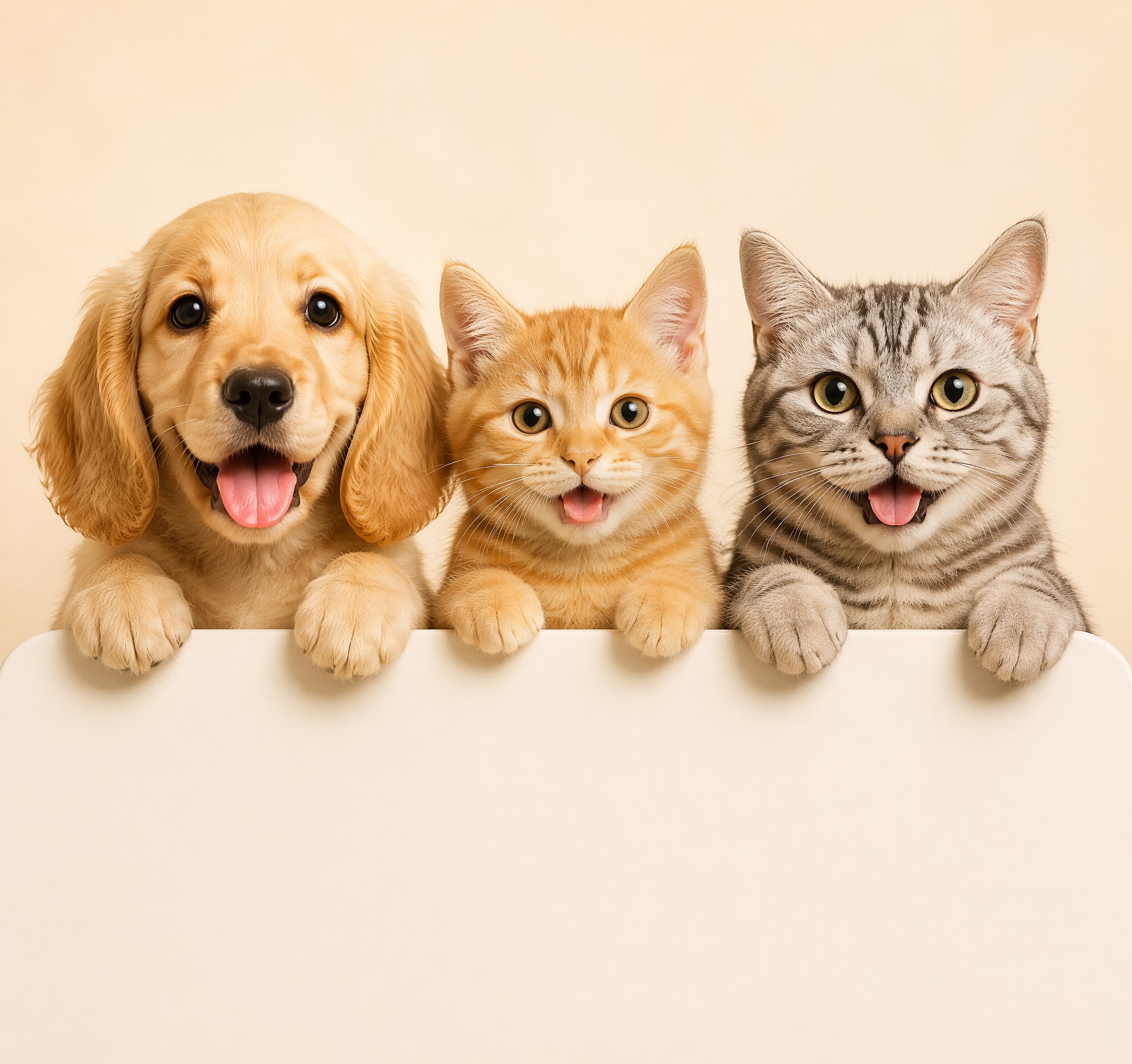 A spaniel, a tabby cat and a lop-eared rabbit peeking over a blank white sign