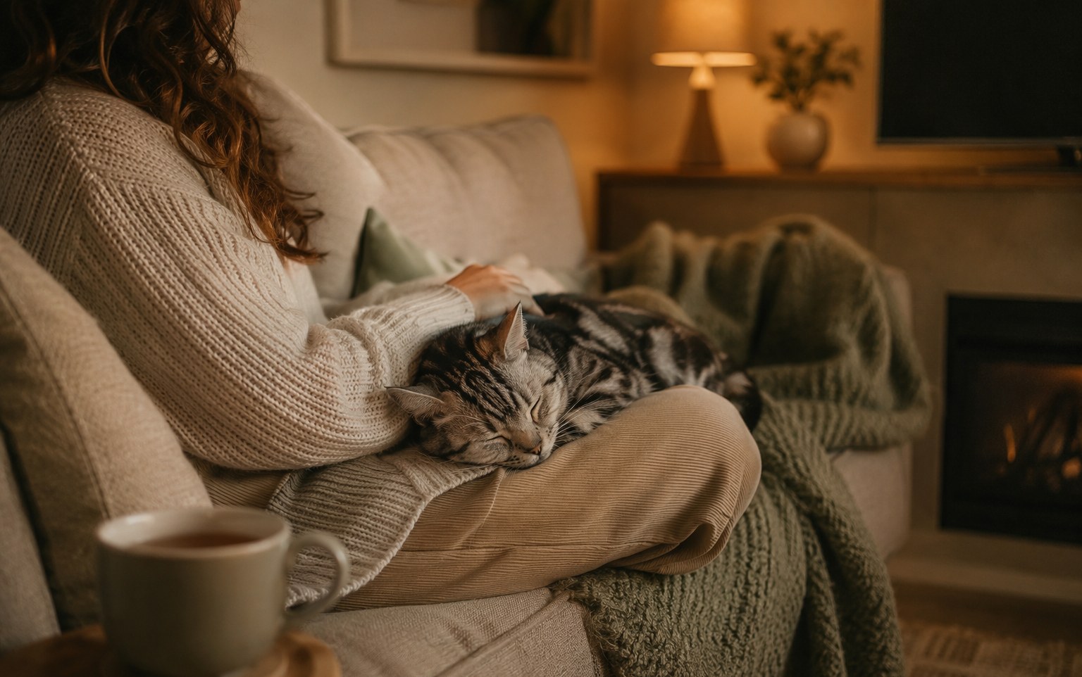 A tabby cat asleep on its owner's lap on the sofa