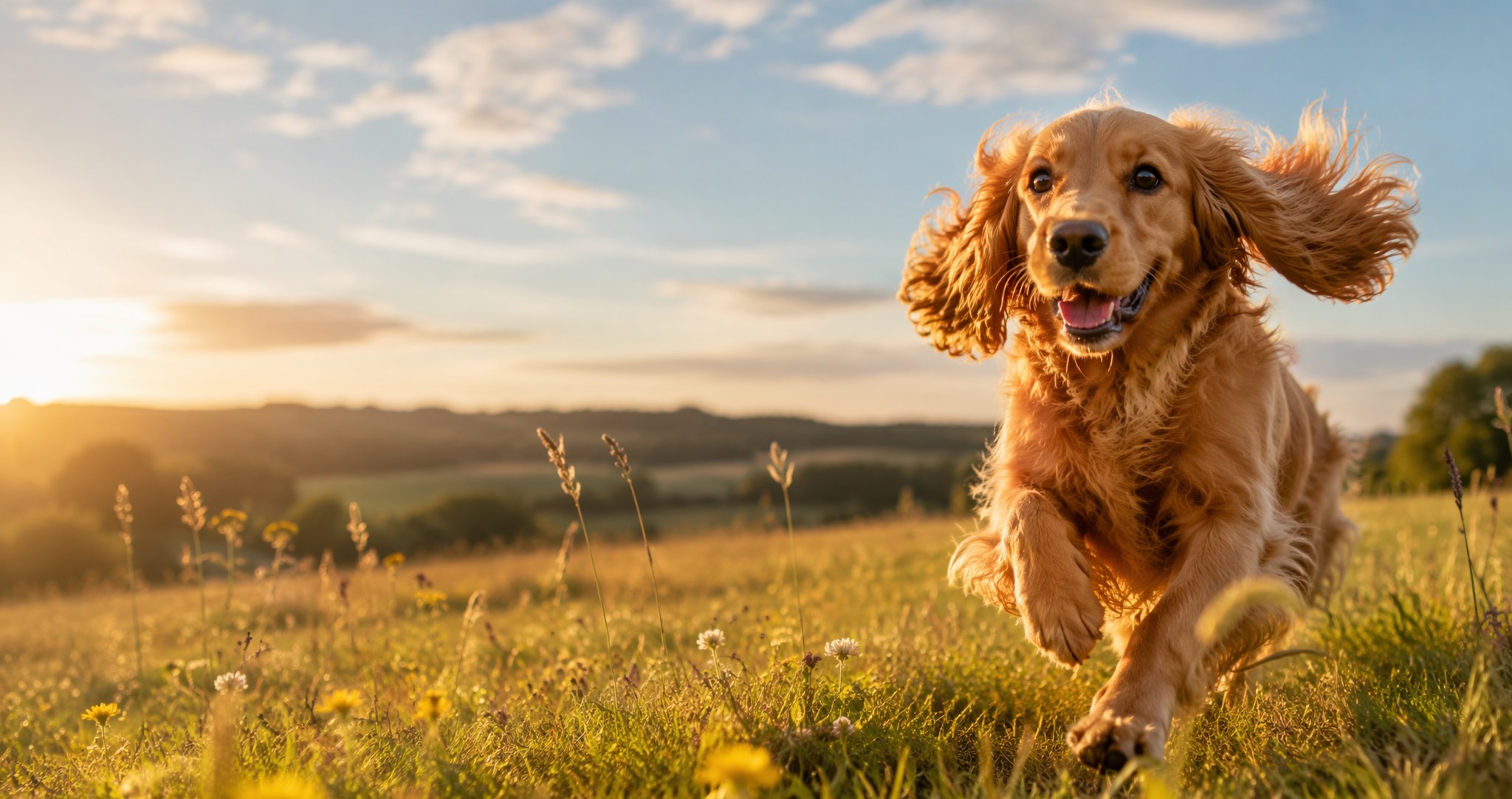 A cocker spaniel running through a sunny summer meadow