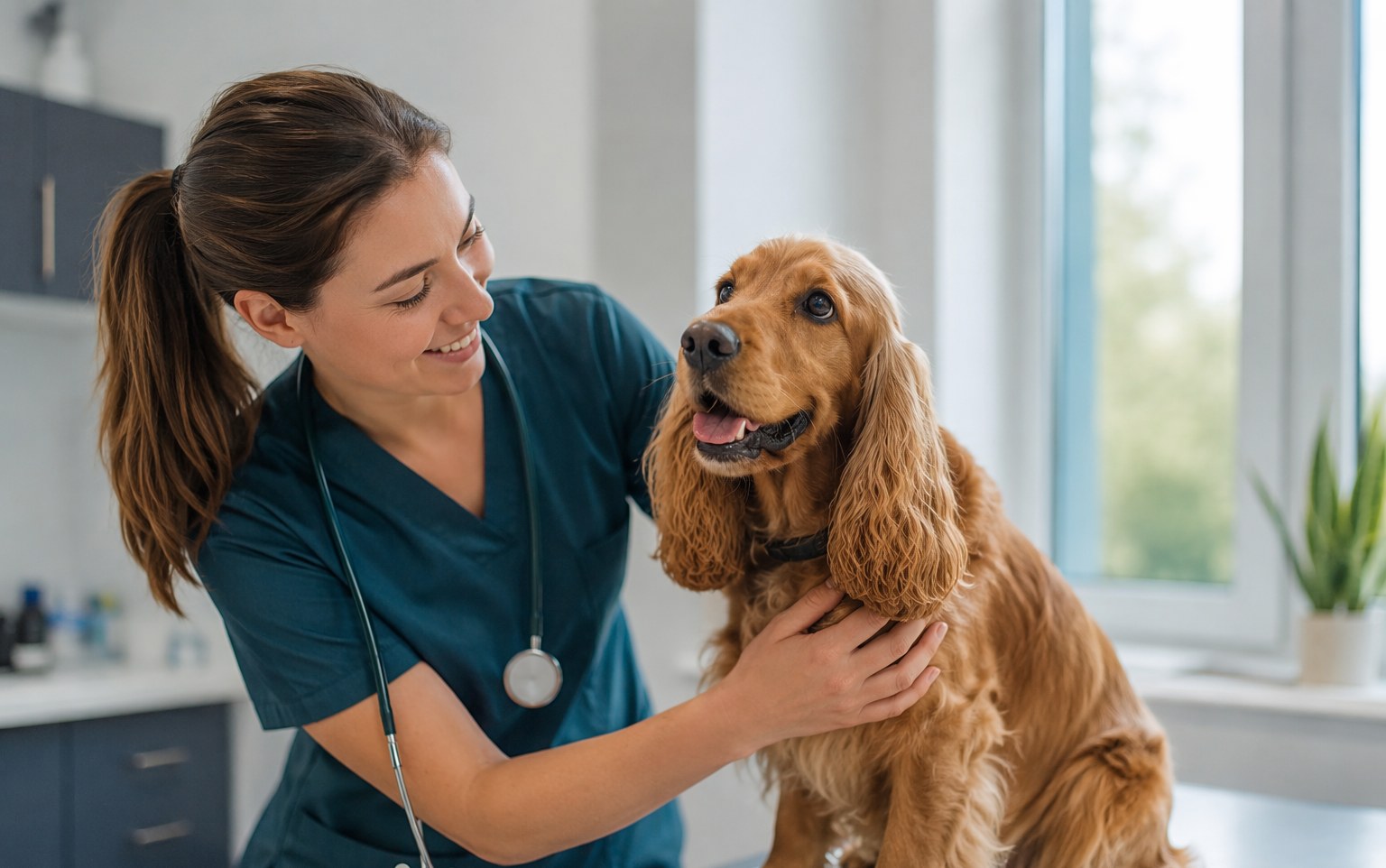 A vet in teal scrubs gently examining a cocker spaniel