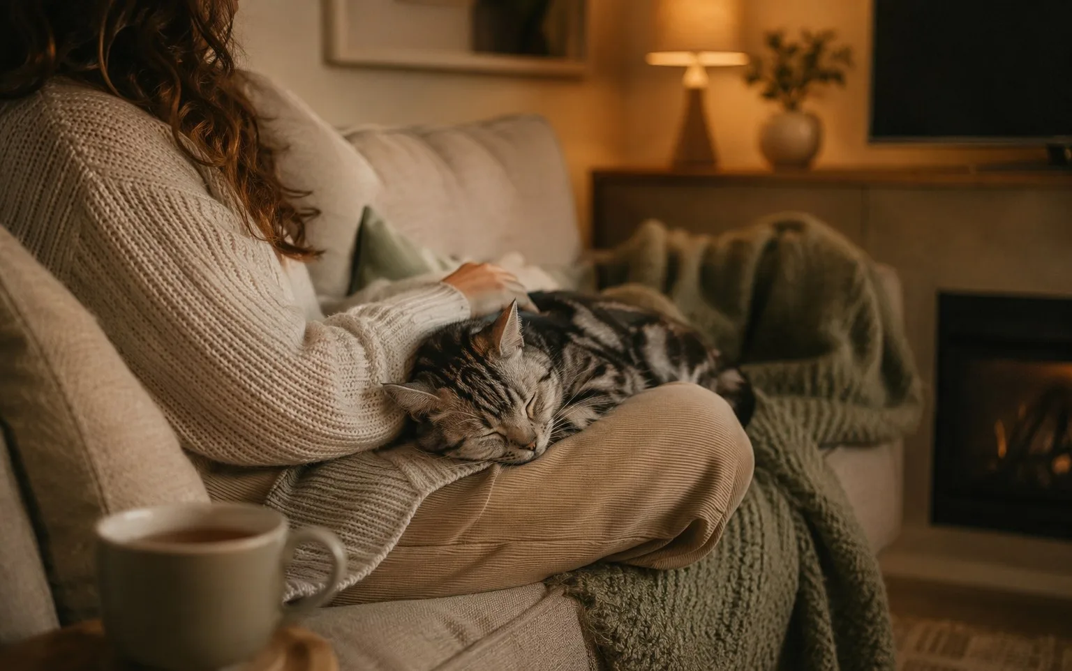 Illustration of a cat resting on a person’s lap
